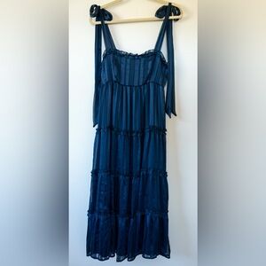 Lulus Day for Romance Navy Blue Tie-Strap Tiered Midi Dress , size small